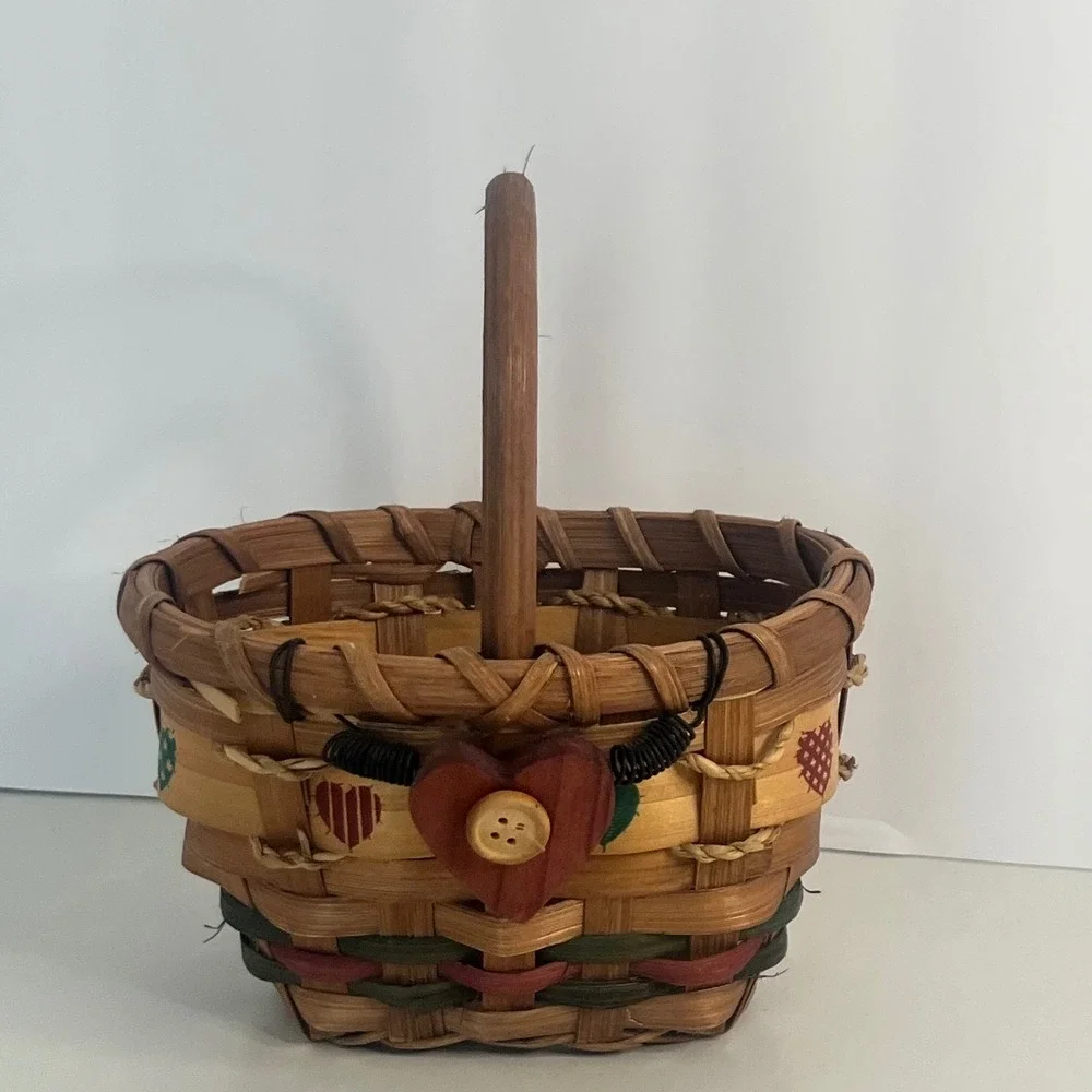 Vintage Rustic Woven Wood Basket with Wooden Heart Button Detail and Handle